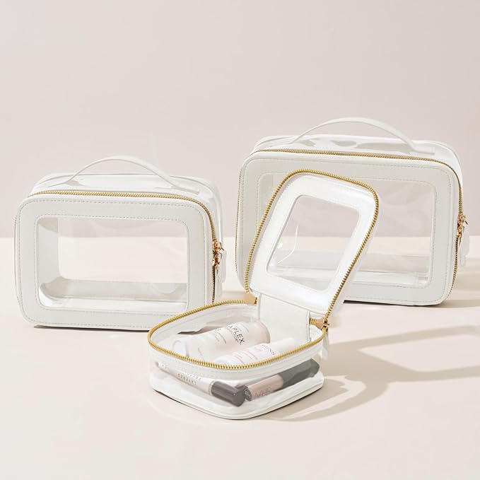 Clear Cosmetic Bag Set for Women Makeup Bag with Handle, 3 Pcs Travel Toiletry Bag Transparent Cosmetic Case Portable Make Up Organizer Bag for Essentials (White, Mini+S+L)