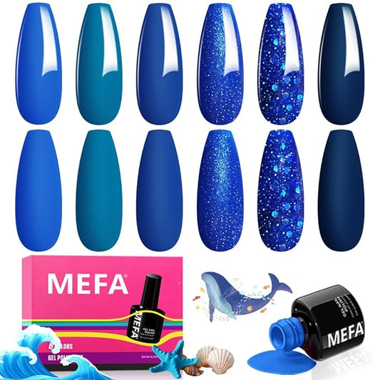 MEFA Blue Gel Nail Polish Set,6 Colors Midnight Navy Sapphire Blue Nail Polish Azure Glitter Dark Shades Starter Kit Soak Off Shimmer Gel Nail Art Design DIY Salon Manicure Holiday Gift for Women