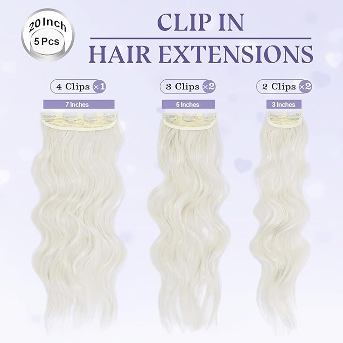 Clip in Hair Extensions for Women 20 Inch 5Pcs Long Wavy Curly Platinum Blonde Hair Extensions Clip ins Full Head Synthetic Hair Extension for Women