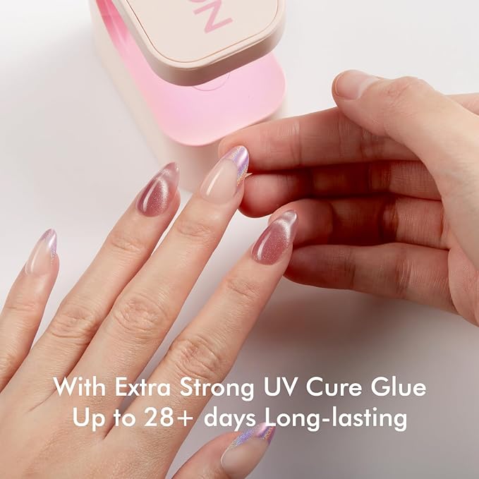 VSALON Short Almond Press-On Nails, 42 Count (Pack of 1), French Tip & Cat Eye, Cream Finish, Plastic, 16 Sizes & 10 Alternative Nails, UV Glue, Easy Tabs, Remover (Rose Sweetheart)