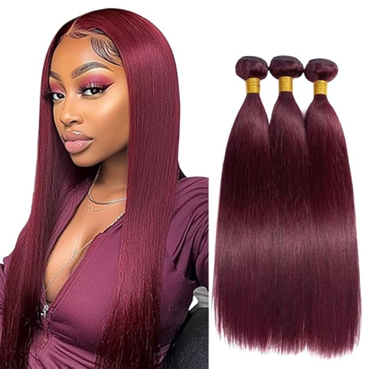 Burgundy Human Hair Bundles Straight Bundles Wine Red Human Hair Color 99j Brazilian Wet and Wavy Soft Silky for Woman 16 18 20 Inch