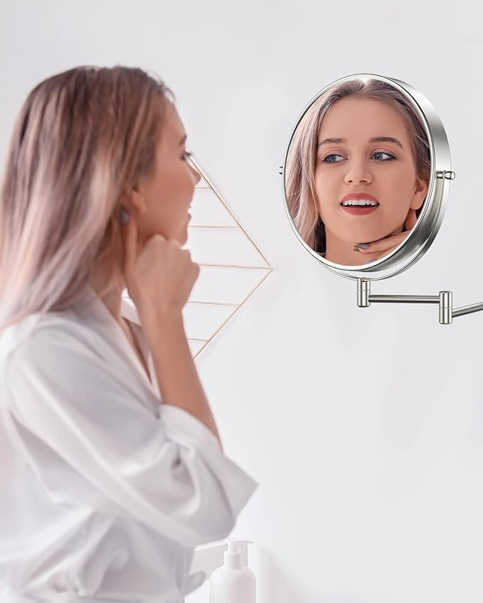 Benbilry 9" Large Size Wall Mounted Makeup Vanity Mirror, 1X/10X Magnifying Double Sided Shaving Mirror for Bathroom, 360° Swivel Extendable Arm Nickel Finish