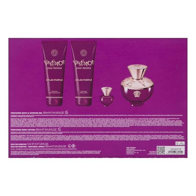 Versace Dylan Purple for Women 4 Piece Set Includes: 3.4 oz Eau de Parfum Spray + 3.4 oz Perfumed Bath Shower Gel + 3.4 oz Perfumed Body Lotion + 0.17 oz Eau de Parfum
