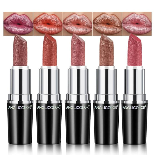 5pcs Glitter Lipstick High Impact Lipcolor,Lipstick Moisturizing Creamy Formula,Metallic Lipstick For Women For Vegan & Cruelty-Free,Full-Coverage Lip Color (#C, 20g)