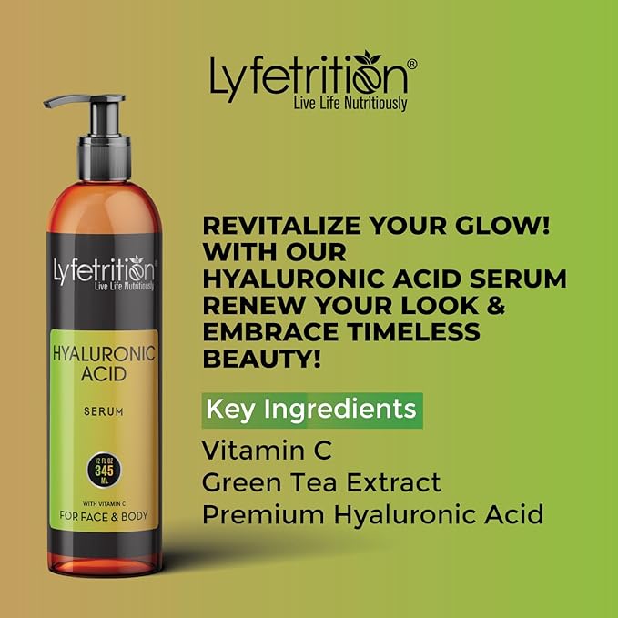 Lyfetrition Hyaluronic Acid Serum for Skin, Moisturizing and Hydrating Serum for All Types of Skin, 100% Natural Face Serum with Vitamin C & Aloe Vera (12 Fl Oz), Clear Serum, (Lyfe7581)