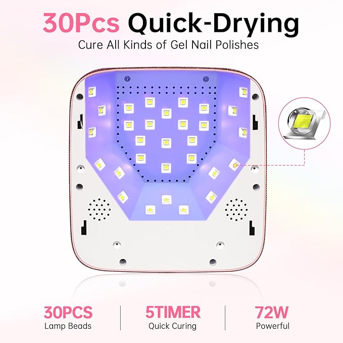 UV LED Nail Lamp 72W Rechargeable Sparkly Wireless Nail Dryer Gel Polish Light with 5 Timer Setting Professional Quick Dry Curing Lamp Pink with Display Auto Sensor for Salon & Home