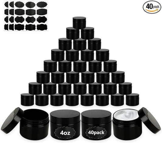 Acrux7 40 Pack 4 oz Black Plastic Jars, Small Round Cosmetic Cream Jars with Lids & Labels, Refillable Plastic Cream Container 120 ml Leak Proof Travel Jars for Creams, Lotion, Body Butter, Body Scrub