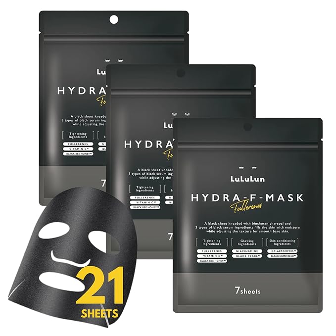 Lululun 21EA Black Facial Sheet Mask, Hydrating & Moisturizing Face Masks with Smoothing Organic Extracts, Japanese Daily Skincare for Dry Skin, Hydra F
