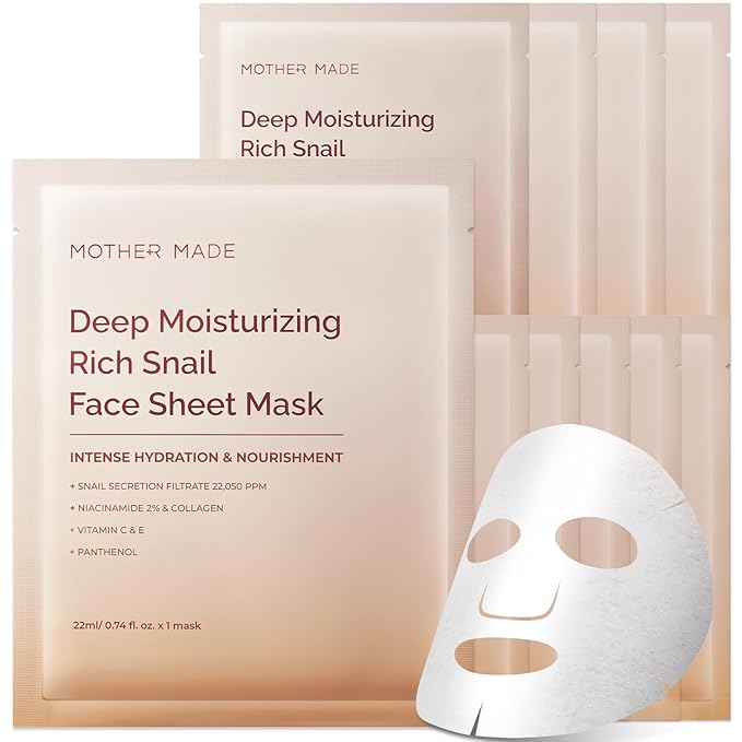 MOTHER MADE Moisturizing Anti-aging Snail Mucin Face Masks 10 EA, with Collagen, Niacinamide 2%, Squalane, Face Masks for Dry, Sensitive Skin, Travel Essentials, Self Care, Korean Skincare