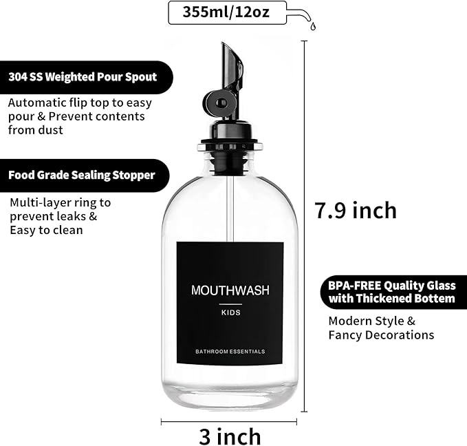 Black Glass Mouthwash Dispenser with Cups, 12.7 oz, 2 Pack - Clear Mouthwash Bottle with 304 Stainless Steel Spout & Minimalist Labels, Style Mouthwash Container for Bathroom