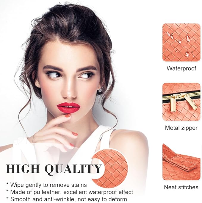Travel Makeup Bag: Large Capacity Cosmetic Bag for Women, Portable PU Leather Waterproof Stuff Bag With Handle and Divider Flat Lay Makeup Pouch Toiletry Bag Birthday Gift for Women - Orange