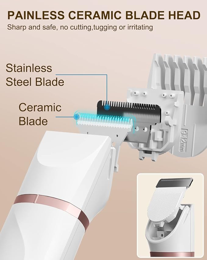 AREYZIN Bikini Trimmer Pubic Hair Trimmer for Women Legs Bikini Line Armpit Rechargeable Electric Shaver for Women Hair Removal with Snap-in Ceramic Blades IP7X Waterproof, White