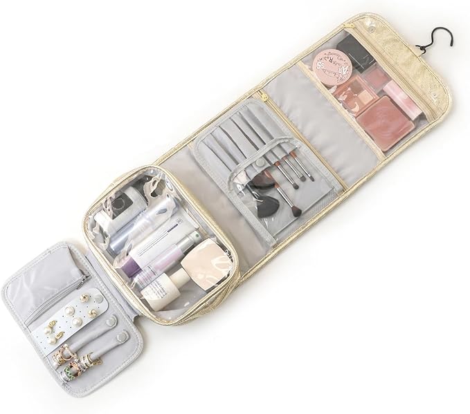 Travel Toiletry Bag for Women,Hanging Travel Toiletry Bag with Jewelry Organizer Compartment,Makeup Bag, Waterproof and Dirt Resistant, Travel Essentials, Gold