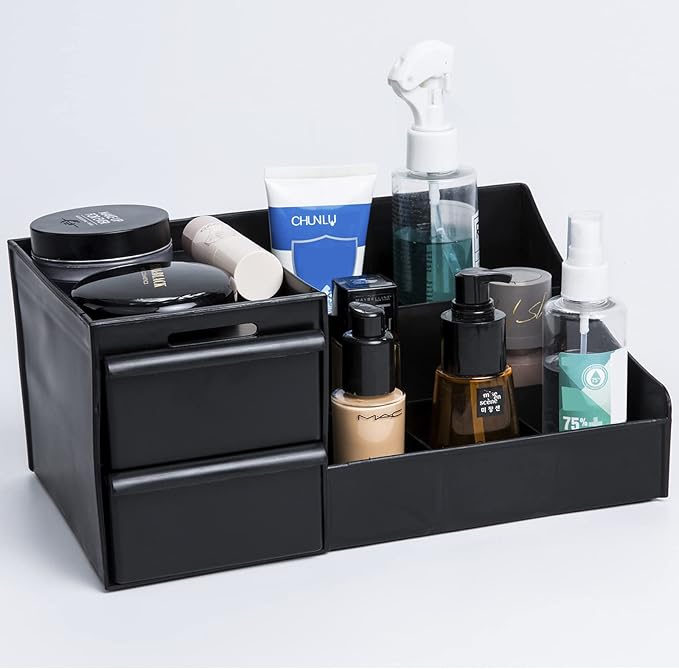 skin care organizer,Makeup Desk Organizer With Drawers ,Countertop Organizer for Cosmetics,Vanity brush with Holder for Lipstick, Brushes, Eyeshadow, and Jewelry Desktop Finishing Dresser (black)