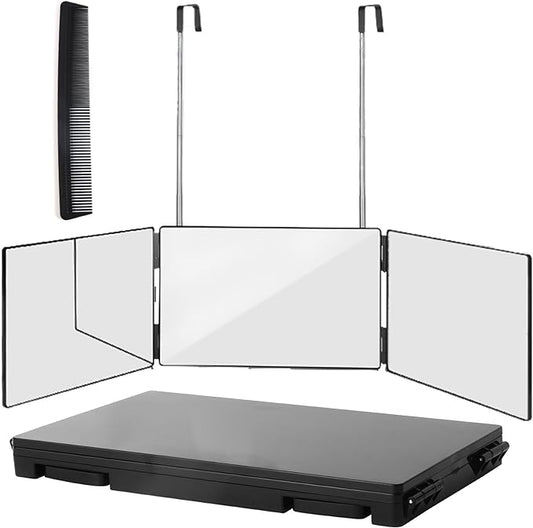 3 Way Trifold Haircut Mirror, 360 Degree Mirror for Hair Cutting, Shaving, Grooming, Hair Styling, Dye Hair and Makeup with Adjustable Height Brackets, Portable for Travel, Bedrooms, Bathroom (Black)