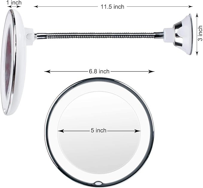 10x Magnifying Mirror with Light, Flexible Gooseneck Make up Mirror with Lights and Magnification, Battery Operated Cordless Magnified Mirror with Suction Cups for Wall Bathroom