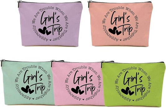 5Pcs Girls Trip Gifts Favors, Girls Weekend Gifts Makeup Bag, Bestie Gifts Weekend Bag Vacation 2025 Cosmetic Bag, Friendship Gifts for Women Her Bride, Graduation Wedding Gifts Toiletry Bag