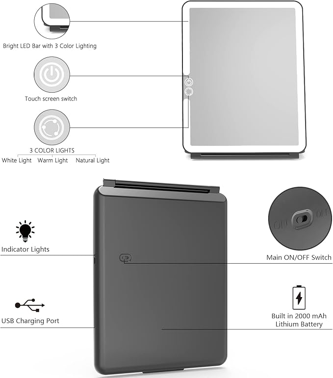 WEILY Portable Travel Mirror Makeup Mirror with 72 LED Lights, Touch Screen Three Colors Dimmable,Ultra Thin, 2000 mAh USB Rechargeable Foldable Cosmetic Mirror（Black）