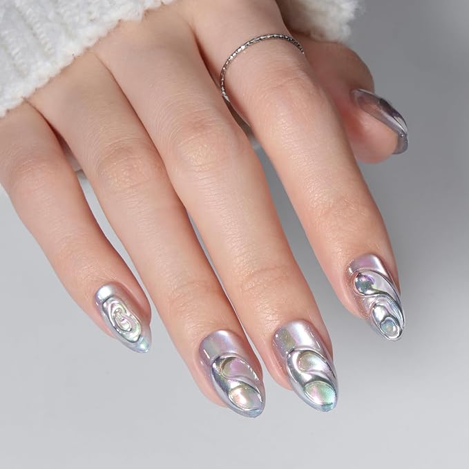 VSALON Short Almond Press-On Nails - Silver Cat Eye Chrome 3D Design, Reusable Fake Nails with Nail Glue, Protector Cuticle Oil, Adhesive Tabs & Mini Nail File - 32 PCS in 16 Sizes (Seagull Dance)