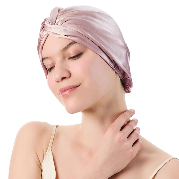 Silk Bonnet for Sleeping Women, 100% Mulberry Silk Sleep Cap with Elastic Band, Real Mulberry on Both Sides, ‌Fuchsia Pink