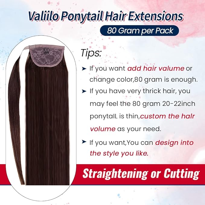 Ponytail Extension Human Hair Ponytail Straight Clip in Wrap Around Pony Remy Hair Extensions for Women 18 Inch 80G #Dark Brown
