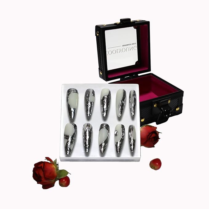 Handmade Nails press on, Medium Stiletto Press On Nails, Silver Press On Nails, Fake Nails With Designs, Acrylic Press On Nails, Reusable Press On Nails, Women Gifts, COOLYOUNG Nails, 10 PCS, Size M