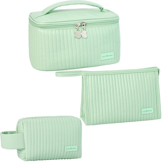 MIRASON Makeup Bag Set of 3 Cute Cosmetic Travel Toiletry Organizer Bag Pouch Set for Women PU Leather Waterproof Toiletry Bag 3 Piece Set, Green