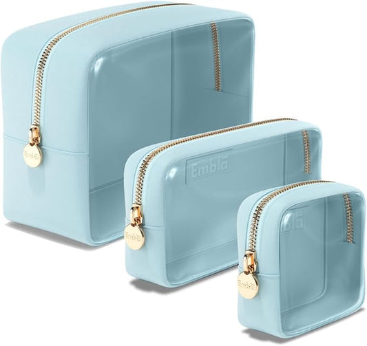 Clear Cosmetic Bags Set of 3, Mini Small Large Makeup Bags For Women Clear Pouch Cosmetics Cases Zipper Cute Pouches Make Up Travel Toiletry Essentials Preppy Purse Organizer Makeup Cases, Sky