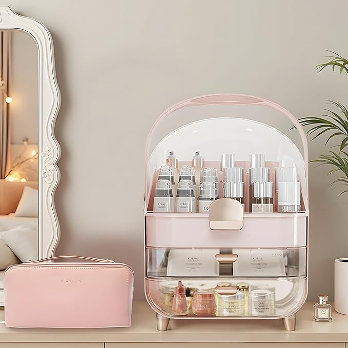 IUI Make up Organizer, 2 Drawer Make up Organizers for Vanity, DustProof Skincare Organizers with Lid, Large Cosmetic Display Cases for Vanity, Bathroom, Countertop, Gifts for Women Girls, Pink