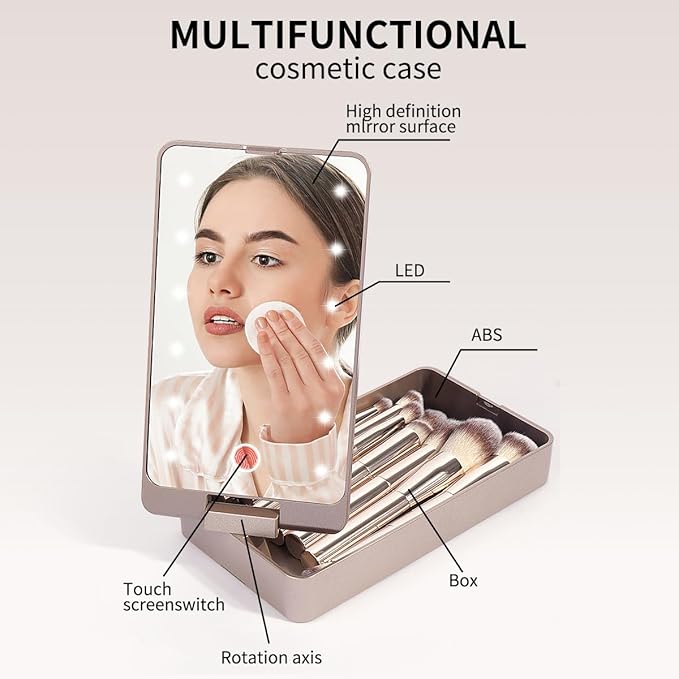 MAANGE 10 Pcs Makeup Brush Set Double-ended Kabuki Brush Travel Makeup Brushes for Foundation Powder Concealers Eye Shadows Makeup Tools Set with LED light Mirror (Gold)