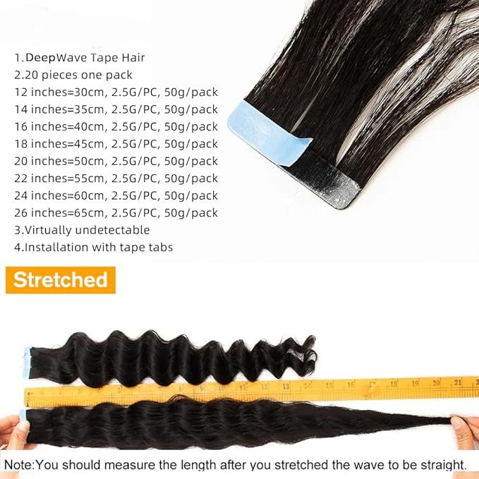 24Inch Curly Tape In Hair Extensions Long Wavy Human Hair Natural Seamless Skin Weft Invisible Hair Extensions Double Side Deep Wave Glue in Extension 50G 20PCS/Pack 40-60PCS Suggested for Full Head