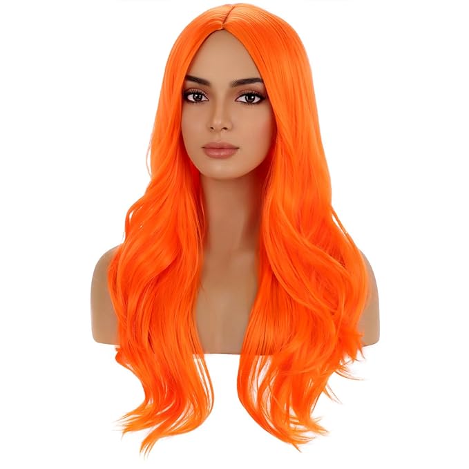 BERON Orange Long Wig for Women Girls Curly Wavy Hair Wigs 28" Halloween Cosplay Party Heat Resistant Synthetic Fiber Wigs