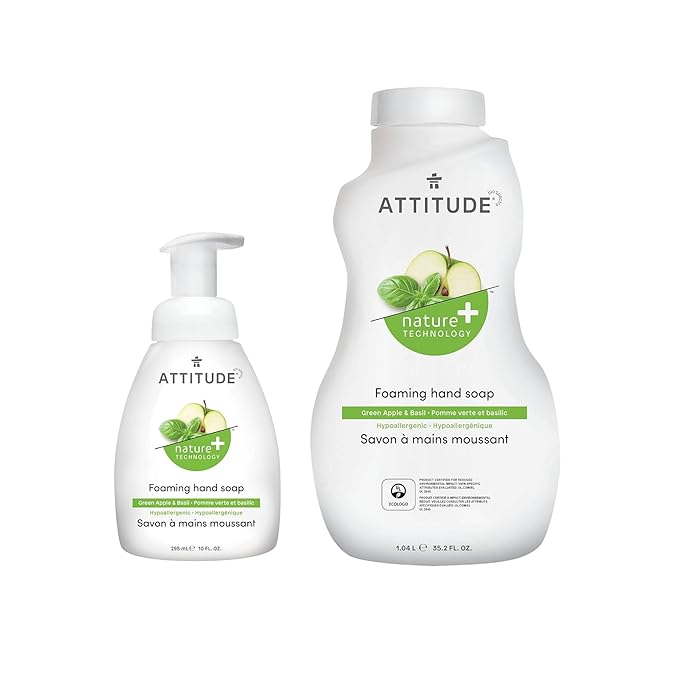 Bundle of ATTITUDE Foaming Hand Soap, Plant and Mineral-Based Ingredients, Vegan Personal Care Products, Green Apple & Basil, 10 Fl Oz + Bulk Refill, 35.2 Fl Oz