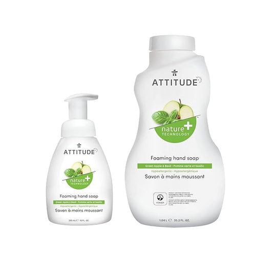 Bundle of ATTITUDE Foaming Hand Soap, Plant and Mineral-Based Ingredients, Vegan Personal Care Products, Green Apple & Basil, 10 Fl Oz + Bulk Refill, 35.2 Fl Oz