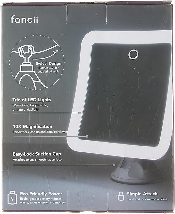 Fancii Rechargeable 10x Magnifying Mirror with 3 LED Light Settings, Dimmable Touch Light, Cordless, Locking Suction Mount, Lighted Mirror for Bathroom or Travel, Mira 2 (White)
