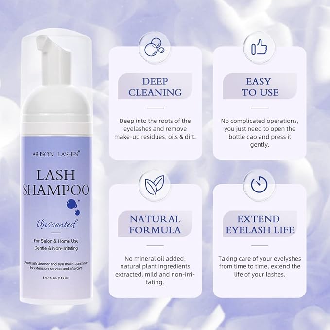 ARISON LASHES Lash Shampoo for Lash Extensions 150ml Fragrance Eyelash Extension Cleanser Natural Lash Extension Shampoo Safe Eyelid Foaming Cleanser Makeup Remover