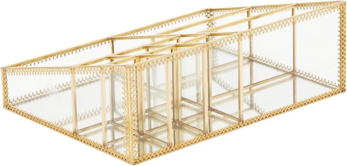 Glass Makeup Organizer with Gold Trim for Vanity, Cosmetic Storage (10.2 x 7.5 x 3.5 In)