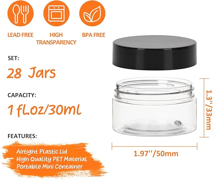 1oz Plastic Containers with Black Screw Lids - Clear Refillable Cosmetic Containers for Liquid and Solid Products (28Pack)