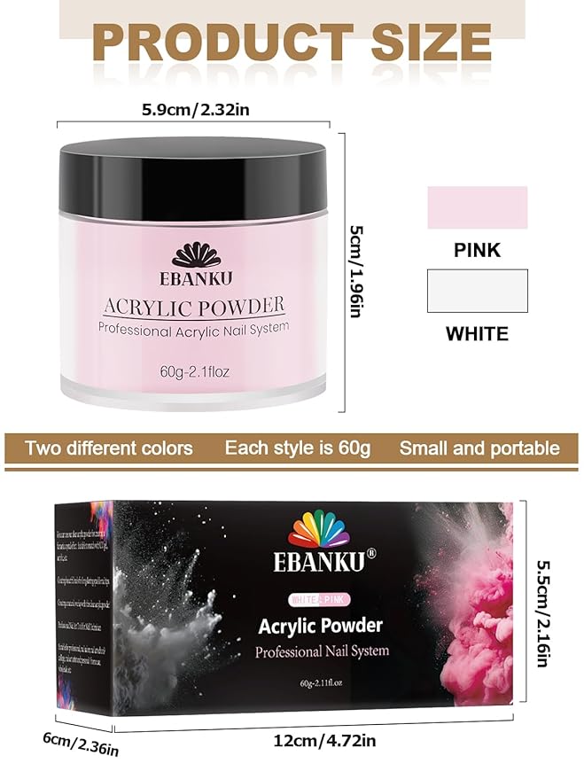 EBANKU Acrylic Nail Powder Set, 2 Colors Pink & White, Professional Powder for Nail Extension, Carving, Long-Lasting, No Lamp Needed, 2.1 oz