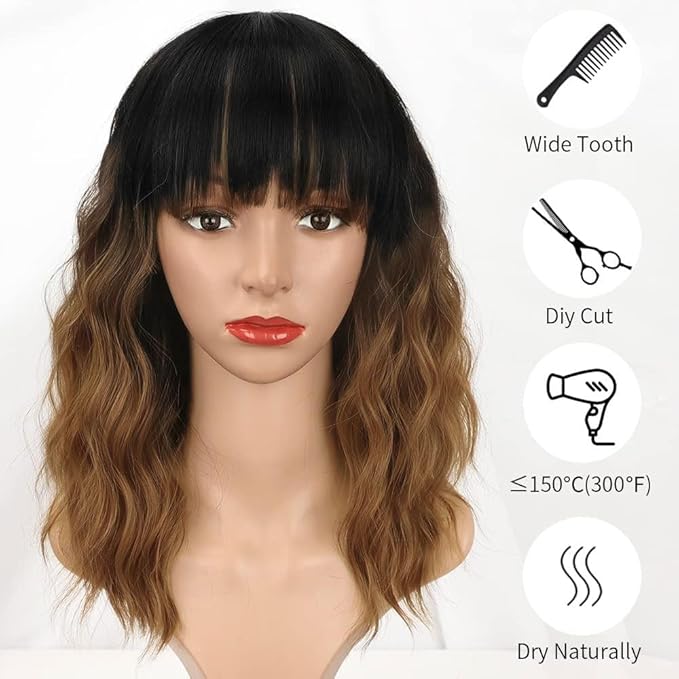 AISI HAIR Ombre Brown Short Wavy Bob Wigs with Bangs for Women Ombre Brown Wavy Wig Natural Looking Resistant Fiber Synthetic Hair for Daily
