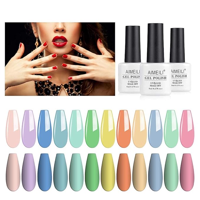 AIMEILI Summer Color Bright Pink Pastel Gel Nail Polish Color, Builder Base and No Wipe Top Coat Set
