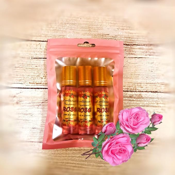 ROSE Perfume Oil - All-Natural Essential Oil Fragrance - Huile de Parfum - Bulgarian Damask Rosa Damascena Petals Otto,Tea Rose, De Mai - Roll On Roller Ball - Party Travel Guest Favors Gifts - 10mlx3