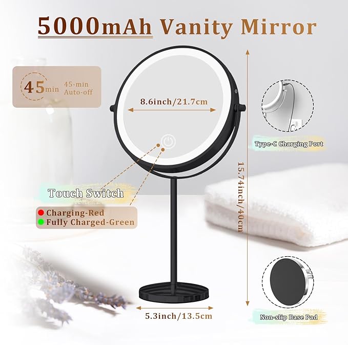 9in Vanity Mirror with Lights, Rechargeable&Dimming Lighted Makeup Mirror, 3X/20X Double Sided Magnifying Mirror, 5000mAh, 360 Rotate,3 Color Lights,Brightness with 80 LED,No Height Adjustment,Black