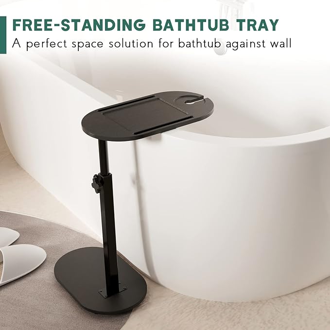 Bamboo Bathtub Tray Table with Adjustable Height, Freestanding Bathtub Caddy for Tub Against Wall, Tub Organizer Suitable for Luxury Spa and House Warming - Patent Protected (Black)