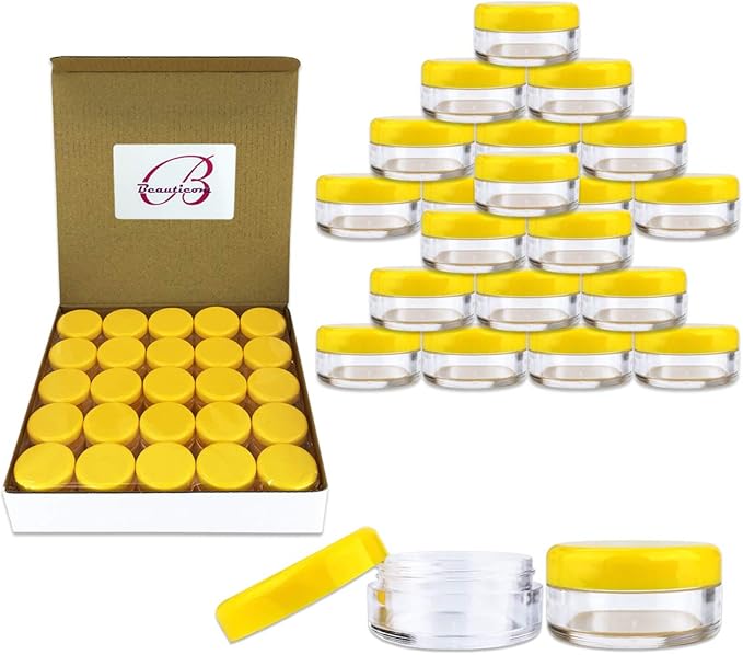 (Quantity: 100 Pieces) Beauticom 5G/5ML Round Clear Jars with Yellow Lids for Scrubs, Oils, Toner, Salves, Creams, Lotions, Makeup Samples, Lip Balms