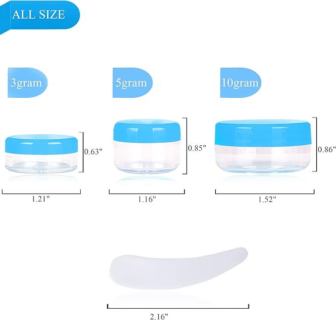 25PCS 3 Gram Sample Containers, 3ml Empty Jars with Lids, Small Cosmetic Containers, Mini Sample Jars with 2PCS Mini Spatulas for Make Up, Oils, Lotion, Powder, Paint, Jewelry, Lip Balms(Blue Lid)
