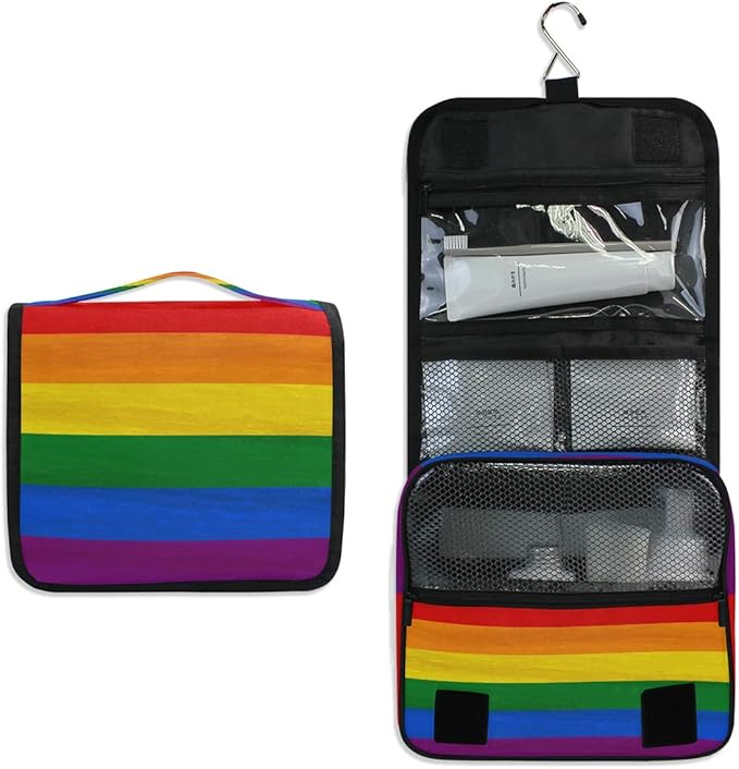 YVONAU Hanging Toiletry Bag Rainbow Pride Flag Stripe Portable Travel Cosmetic Makeup Bag Bathroom Shower Shaving Kit Organizer Bag for Men Women