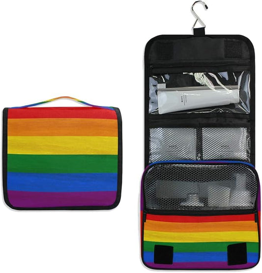 YVONAU Hanging Toiletry Bag Rainbow Pride Flag Stripe Portable Travel Cosmetic Makeup Bag Bathroom Shower Shaving Kit Organizer Bag for Men Women