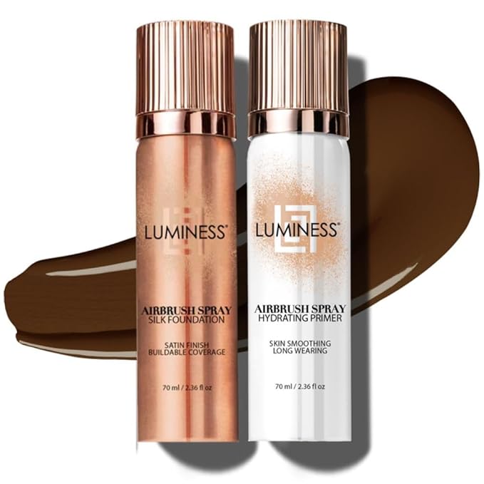 LUMINESS Silk Airbrush Spray Foundation & Primer Kit - Full Coverage Foundation, Anti-Aging Formula Hydrates & Moisturizes with Hyaluronic Acid, Aloe Vera & Hydrolyzed Silk (Shade - Deep Rich)