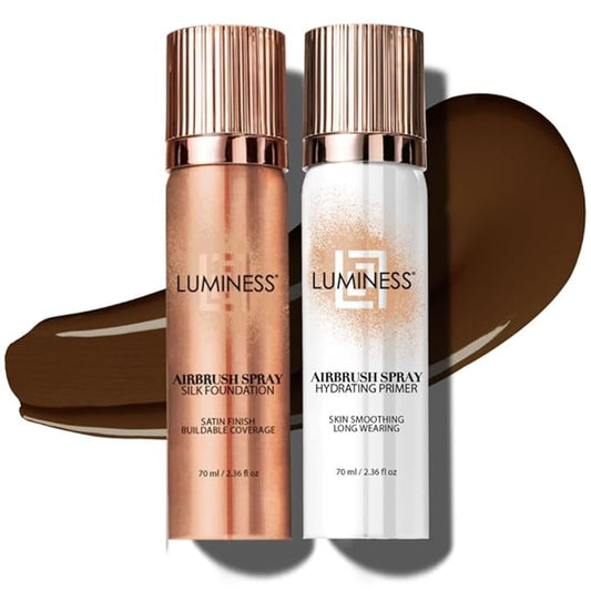 LUMINESS Silk Airbrush Spray Foundation & Primer Kit - Full Coverage Foundation, Anti-Aging Formula Hydrates & Moisturizes with Hyaluronic Acid, Aloe Vera & Hydrolyzed Silk (Shade - Deep Rich)